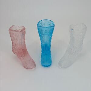 Victorian Button Boots Glass Shoe Set Ladies Pressed Aqua Blue Clear Pink Fenton